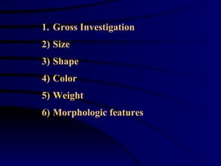 Gross Investigation Size Shape Color Weight Morphologic features  
