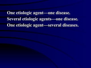 One etiologic agent—one disease. Several etiologic agents—one disease. One etiologic agent—several diseases. 