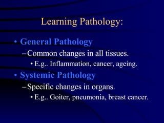 Learning Pathology: General Pathology  Common changes in all tissues. E.g.. Inflammation, cancer, ageing. Systemic Pathology  Specific changes in organs. E.g.. Goiter, pneumonia, breast cancer. 