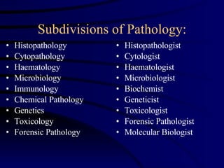 Subdivisions of Pathology: Histopathology Cytopathology Haematology Microbiology Immunology Chemical Pathology Genetics Toxicology Forensic Pathology Histopathologist Cytologist Haematologist Microbiologist Biochemist Geneticist Toxicologist Forensic Pathologist Molecular Biologist 