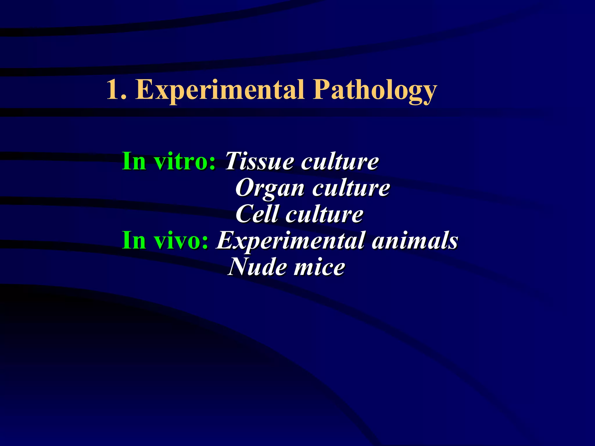Experimental Pathology In vitro:   Tissue culture Organ culture Cell culture In vivo:   Experimental animals Nude mice 