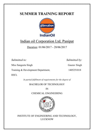Summer Training Report at IOCL chemical engineering PDF