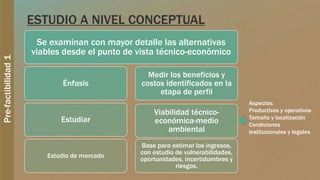 Pre-factibilidad1
ESTUDIO A NIVEL CONCEPTUAL
Se examinan con mayor detalle las alternativas
viables desde el punto de vista técnico-económico
Énfasis
Estudiar
Estudio de mercado
Medir los beneficios y
costos identificados en la
etapa de perfil
Viabilidad técnico-
económica-medio
ambiental
Base para estimar los ingresos,
con estudio de vulnerabilidades,
oportunidades, incertidumbres y
riesgos.
Aspectos:
Productivos y operativos
Tamaño y localización
Condiciones
institucionales y legales
 