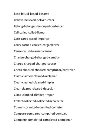 Base-based-based-basarse
Believe-believed-belived-creer
Belong-belonged-belonged-pertencer
Call-called-called-llamar
Care-cared-cared-importar
Carry-carried-carried-cargar/llevar
Cause-caused-caused-causar
Change-changed-changed-cambiar
Charge-charged-charged-cobrar
Check-checked-checked-comprobar/controlar
Claim-claimed-claimed-reclamar
Clean-cleaned-cleaned-limpiar
Clear-cleared-cleared-despejar
Climb-climbed-climbed-trepar
Collect-collected-collected-recolectar
Conmit-conmited-conmited-cometer
Compare-compared-compared-comparar
Complete-completed-completed-completar
 