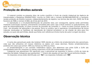 Proteção de direitos autorais
O material contido na presente obra, de cunho científico, é fruto da criação intelectual de Agência de
Interatividade e Marketing (IMARKETING), inscrita no CNPJ sob o número 84.480.946/0001-92, e, portanto,
recebe proteção de Direitos Autorais, independentemente de registro, nos termos das leis núm. 9.610, de 19 de
fevereiro de 1998, e número 12.965, de 23 de abril de 2014.
A reprodução e a circulação/distribuição da presente obra, por conseguinte, apenas serão permitidas
mediante autorização expressa, previamente concedida pelo autor, seja a título oneroso ou gratuitamente, sob
pena de responsabilização, na seara criminal, do provedor de conexões, e – tanto na seara criminal, quanto na
cível – do provedor de aplicações e da pessoa, física ou jurídica, que a reproduza, circule/distribua de forma
indevida, excetuadas as hipóteses de reprodução de material jornalístico ou de citação da obra para fins
estudos, as quais são permitidas, desde que feitas com referência à fonte (nome do autor e origem da obra).
Observação técnica
A soma dos percentuais pode não totalizar 100% devido ao critério de arredondamento dos percentuais,
visto que não utilizamos em nossos relatórios os dados com casas decimais. Nestes arredondamentos,
podemos ter casos que somam 99% (ou menos) ou 101% (ou mais).
O arredondamento é um conceito matemático básico, que determina que entre 0,0% e 0,4% são
arredondados para 0%, enquanto os valores superiores a 0,5% são arredondados para 1%.
Categorias que apresentam 0% significam que o percentual de respostas é inferior a 0,5% do total de
respostas da tabela. Categorias que apresentam “-” (traço) são aquelas em que não houve nenhuma citação.
As respostas únicas estão identificada com “RU” e as respostas múltiplas com “RM”.
 