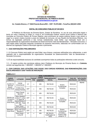 ESTADO DE RONDÔNIA
PREFEITURA MUNICIPAL DE PIMENTA BUENO
www.pimentabueno.ro.gov.br
Av. Castelo Branco, nº 1046-Pimenta Bueno/RO – CEP: 76.970-000 – Fone/Fax (69)3451-2593
EDITAL DE CONCURSO PÚBLICO Nº 001/2014
A Prefeitura do Município de Pimenta Bueno, Estado de Rondônia, no uso de suas atribuições legais e
tendo em vista o disposto no artigo 37, inciso II, da Constituição Federal, resolve tornar pública a abertura das
inscrições ao Concurso Público de Provas Objetiva, para provimento de cargos públicos atuais e que vierem a
vagar ou a serem criados durante o prazo de validade do concurso, em seu Quadro de Servidores Efetivos, nos
termos da legislação pertinente e das normas estabelecidas neste Edital, cuja realização ficará sob a
responsabilidade da organizadora Sociedade de Desenvolvimento Vale dos Bandeirantes – Noroeste Concursos, e
será regido pelas instruções especiais constantes do presente instrumento, elaborado em conformidade com os
ditames da Legislação Federal e Municipal vigentes e pertinentes.
1 – DAS DISPOSIÇÕES PRELIMINARES
1.1 O Concurso Público será regido por este Edital, seus Anexos, eventuais retificações e/ou aditamentos, e será
realizado sob a responsabilidade da organizadora Sociedade de Desenvolvimento Vale do Bandeirantes –
Noroeste Concursos.
1.2 É de responsabilidade exclusiva do candidato acompanhar todas as publicações referentes a este concurso.
1.3 – O regime jurídico dos servidores efetivos da(o) Prefeitura do Município de Pimenta Bueno é o Celetista
contido nas seguintes leis: 1.385/2007, 1.386/2007 e 1.380/2007.
2 – DOS CARGOS, DAS LOTAÇÕES, DAS VAGAS, DAS CARGAS HORÁRIAS, DAS REMUNERAÇÕES, DAS
ESCOLARIDADES E DAS TAXAS DE INSCRIÇÃO:
TABELA 2.1
NÍVEL FUNDAMENTAL
CARGO
PÚBLICO
LOTAÇÃO VAGAS
VAGAS
PNE
CARGA
HORÁRIA
SEMANAL
REMUNERAÇÃO
INICIAL
REQUISITOS
TAXA DE
INSCRIÇÃO
APLICAÇÃO
DA PROVA
Auxiliar de
Serviços
Gerais –
Zona Rural
E.M.M.
Urucumacuã
01 --- 40h R$ 724,00 Ensino
Fundamental
Completo
R$ 50,00
Manhã
E.M.M. Diva
Tereza Ferreira
CR(1)
--- 40h R$ 724,00 R$ 50,00
Monitor de
Transporte
Escolar –
Zona Rural
Setor Casulo
RO 010
01 --- 40h R$ 724,00
Ensino
Fundamental
Completo
R$ 50,00
Setor Abaitará
Linha 21, Linha
17, Kapa 24
CR(1)
--- 40h R$ 724,00 R$ 50,00
Usina Rondon II
– BR 364 - Kapa
100
01 --- 40h R$ 724,00 R$ 50,00
Setor Araçá –
Usina Primavera
01 --- 40h R$ 724,00 R$ 50,00
Motorista –
Zona Rural
Kapa 100 Usina
Rondon II
CR(1)
--- 40h R$ 764,29
Ensino
Fundamental
Completo –
Possuir CNH
categoria “D”
R$ 50,00
Setor Araçá –
Linha 40
01 --- 40h R$ 764,29 +
Gratificação de
100%
R$ 50,00
1
 