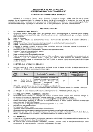 1
PREFEITURA MUNICIPAL DE TERESINA
SECRETARIA MUNICIPAL DE FINANÇAS-SEMF
EDITAL N° 03/2016 DE ABERTURA DE INSCRIÇÕES
O Prefeito do Município de Teresina – PI e a Secretaria Municipal de Finanças – SEMF tendo em vista o contrato
celebrado com a FUNDAÇÃO CARLOS CHAGAS, de acordo com a Lei Complementar nº 3.748/2008, faz saber que será
realizado em locais, datas e horários a serem oportunamente divulgados, Concurso Público para provimento do cargo de Auditor
Fiscal da Receita Municipal, o qual reger-se-á de acordo com as Instruções Especiais que fazem parte deste Edital.
INSTRUÇÕES ESPECIAIS
I. DAS DISPOSIÇÕES PRELIMINARES
1. O concurso público, objeto deste Edital, será realizado, sob a responsabilidade da Fundação Carlos Chagas,
obedecidas as normas deste Edital, cujas atribuições ultimam-se com a publicação do ato que homologa o resultado
final do concurso.
2. Fases do Concurso:
2.1 Fase I – Prova Objetiva de Conhecimentos Gerais e Conhecimentos Específicos I, de caráter habilitatório e
classificatório;
2.2 Fase II – Prova Discursiva de Conhecimentos Específicos II, de caráter habilitatório e classificatório;
2.3 Fase III – Avaliação de Títulos, de caráter classificatório.
3. A jornada de trabalho do cargo de Auditor Fiscal da Receita Municipal, organizada pela Lei Complementar nº
3.748/2008, será de 30 (trinta) horas semanais.
4. Remuneração: R$ 17.748,00 (dezessete mil, setecentos e quarenta e oito reais).
5. Integram o presente Edital os seguintes Anexos:
a) Anexo I – Conteúdos Programáticos;
b) Anexo II – Cronograma de Provas e Publicações.
6. Todos os questionamentos relacionados ao presente Edital deverão ser encaminhados ao Serviço de Atendimento ao
Candidato – SAC da Fundação Carlos Chagas, por meio do Fale Conosco no endereço eletrônico
www.concursosfcc.com.br ou pelo telefone (0XX11) 3723-4388, de segunda a sexta-feira, úteis, das 10 às 16 horas
(horário de Brasília).
II. DO CARGO / DAS ATRIBUIÇÕES DO CARGO
1. O código de opção, o cargo, a escolaridade/pré requisitos, o total de vagas, o número de vagas reservadas aos
candidatos com deficiência são os estabelecidos a seguir.
Cód.
Opção
Cargo Escolaridade/Pré-requisitos
Total de
Vagas (*)
Nº de vagas reservadas
aos candidatos com
deficiência (**)
F28
Auditor Fiscal da
Receita Municipal
Diploma devidamente registrado de
conclusão de curso de graduação de
ensino Superior, fornecido por
Instituição reconhecida pelo
Ministério da Educação.
07 01
(*) Total de vagas (incluindo-se a reserva para candidatos com deficiência).
(**) Reserva de vagas para candidatos com deficiência em atendimento ao Decreto federal nº 3.298/1999 e alterações
1.2 As atribuições do cargo são as especificadas na Lei Complementar nº 3.748/2008, Capítulo III, artigo 15.
III. DOS REQUISITOS PARA A INVESTIDURA NO CARGO
1. O candidato deverá declarar, na solicitação de inscrição, que tem ciência e aceita, caso aprovado, entregar os
documentos comprobatórios dos requisitos exigidos, abaixo, para o cargo, por ocasião da posse:
a) ser brasileiro ou ter nacionalidade portuguesa, nos termos do § 1º do art. 12 da Constituição Federal;
b) diploma devidamente registrado de conclusão de curso de graduação de ensino Superior, fornecido por Instituição
reconhecida pelo Ministério da Educação;
c) estar regular com as obrigações eleitorais e com o serviço militar, se for o caso;
d) estar em gozo dos direitos políticos;
e) ter boa conduta pública e social;
f) apresentar higidez física e mental, atestada por médicos oficiais;
g) não apresentar antecedentes criminais incompatíveis com o exercício da função, na forma da lei.
2. O candidato que, até o prazo final para tomar posse, não reunir os requisitos enumerados no item 1, deste Capítulo,
perderá o direito à investidura no referido Cargo, tornando-se o ato de nomeação sem efeito.
IV. DAS INSCRIÇÕES
1. A inscrição do candidato implicará o conhecimento e aceitação das normas e condições estabelecidas neste Edital, em
relação às quais não poderá alegar desconhecimento.
1.1 De forma a evitar ônus desnecessário, orienta-se o candidato a recolher o valor de inscrição somente após tomar
conhecimento de todos os requisitos e condições exigidos para o Concurso.
 