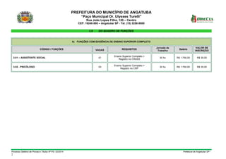 PREFEITURA DO MUNICÍPIO DE ANGATUBA
“Paço Municipal Dr. Ulysses Turelli”
Rua João Lopes Filho, 120 – Centro
CEP. 18240-000 – Angatuba/ SP - Tel. (15) 3255-9500
Processo Seletivo de Provas e Títulos Nº PS- 02/2014 Prefeitura de Angatuba/ SP -
2
2.5 DO QUADRO DE FUNÇÕES
A) FUNÇÕES COM EXIGÊNCIA DE ENSINO SUPERIOR COMPLETO
CÓDIGO / FUNÇÕES VAGAS REQUISITOS
Jornada de
Trabalho
Salário
VALOR DE
INSCRIÇÃO
3.01 – ASSISTENTE SOCIAL 01
Ensino Superior Completo +
Registro no CRASS
30 hs R$ 1.750,00 R$ 35,00
3.02 - PSICÓLOGO 03
Ensino Superior Completo +
Registro no CRP
30 hs R$ 1.750,00 R$ 35,00
 