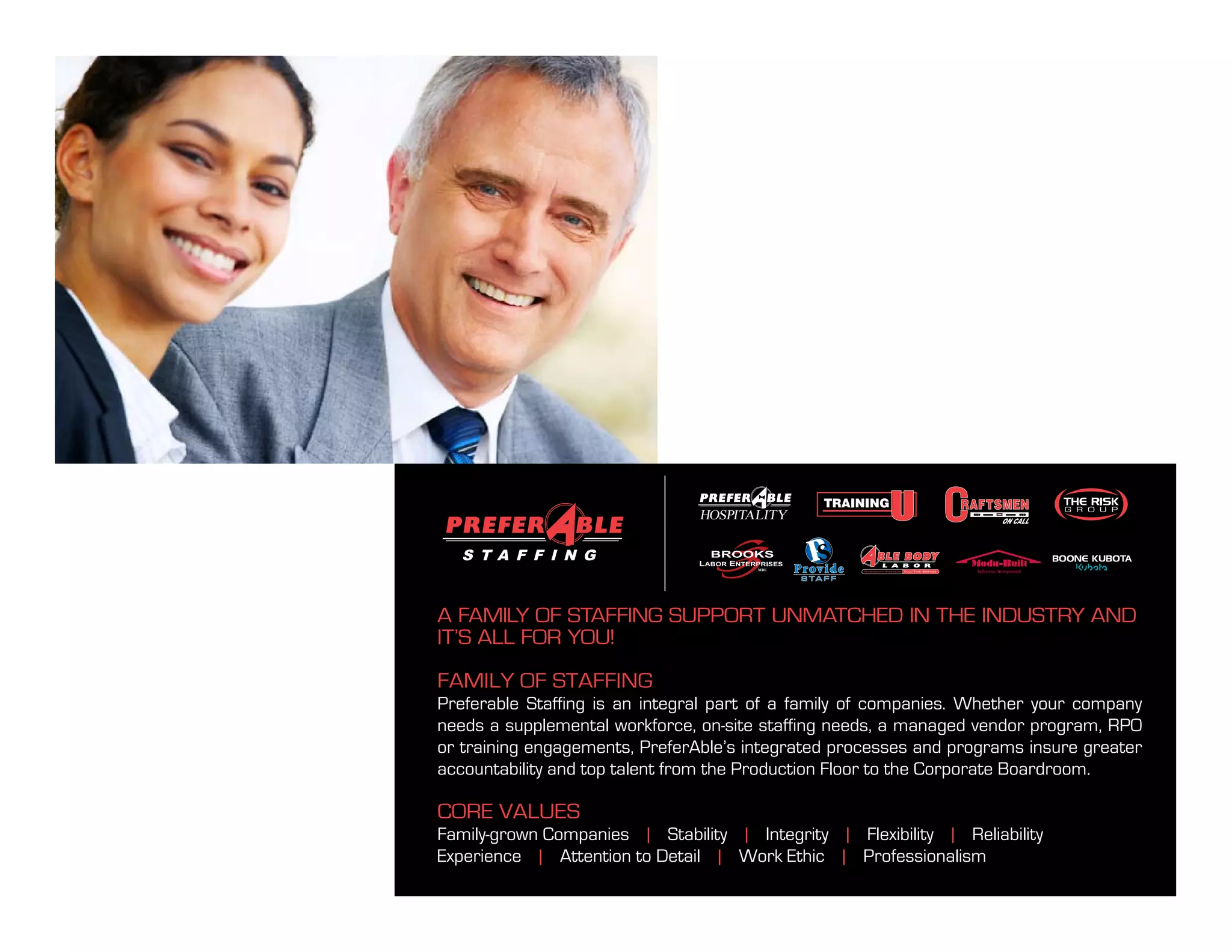 HOSPITALITY




a family of staffing support unmatChed in the industry and
it’s all for you!

family of staffing
preferable staffing is an integral part of a family of companies. Whether your company
needs a supplemental workforce, on-site staffing needs, a managed vendor program, rpo
or training engagements, preferable’s integrated processes and programs insure greater
accountability and top talent from the production floor to the Corporate boardroom.

Core values
family-grown Companies | stability | integrity | flexibility | reliability
experience | attention to detail | Work ethic | professionalism
 