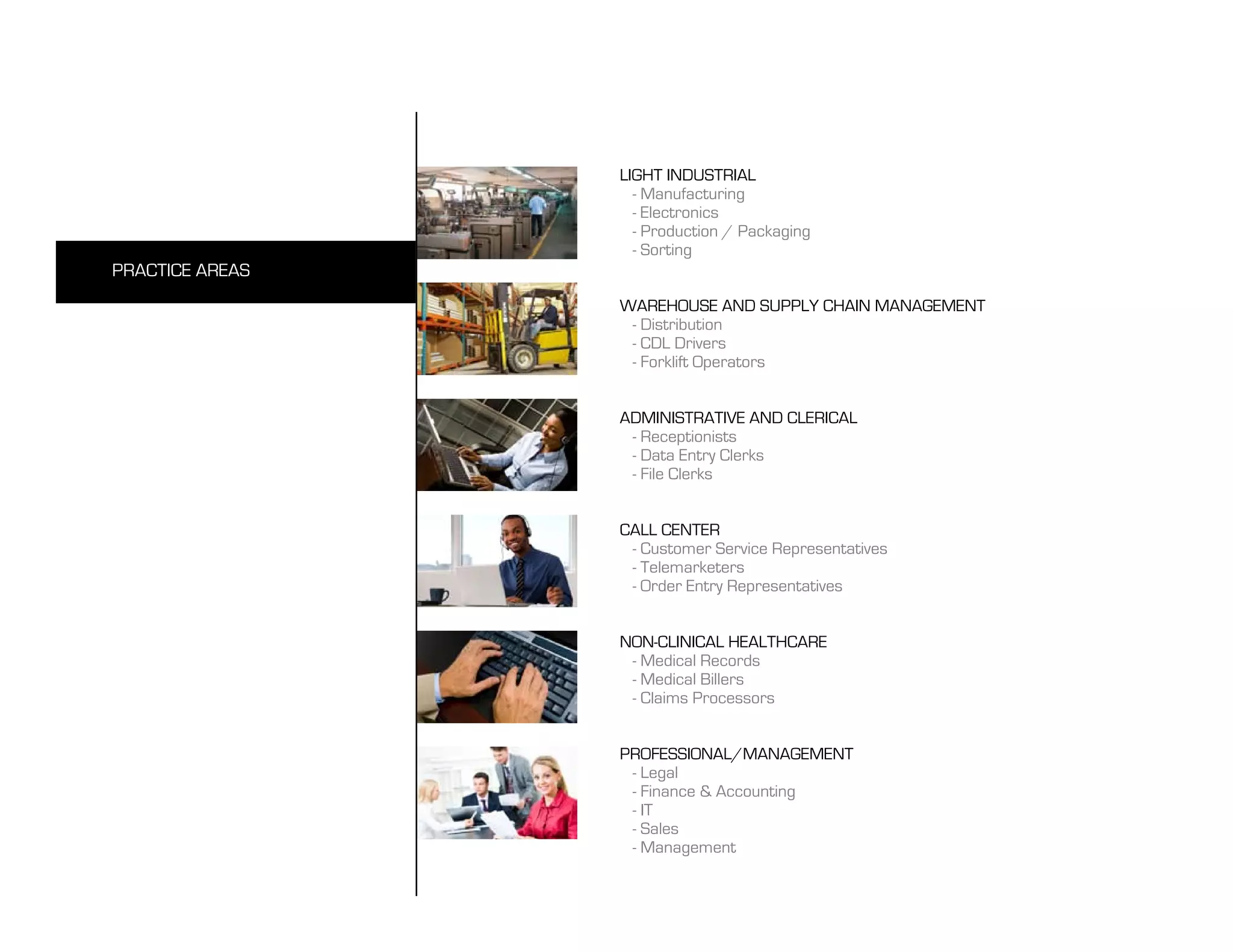light industrial
                   - manufacturing
                   - electronics
                   - production / packaging
                   - sorting
praCtiCe areas
                 Warehouse and supply Chain management
                  - distribution
                  - Cdl drivers
                  - forklift operators


                 administrative and CleriCal
                  - receptionists
                  - data entry Clerks
                  - file Clerks


                 Call Center
                  - Customer service representatives
                  - telemarketers
                  - order entry representatives


                 non-CliniCal healthCare
                  - medical records
                  - medical billers
                  - Claims processors


                 professional/management
                  - legal
                  - finance & accounting
                  - it
                  - sales
                  - management
 