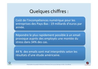 Quelques	
  chiﬀres	
  :	
  	
  
Coût	
  de	
  l’incompétences	
  numérique	
  pour	
  les	
  	
  
entreprises	
  des	
  Pays-­‐Bas	
  :	
  19	
  milliards	
  d’euros	
  par	
  
année.	
  

Répondre	
  le	
  plus	
  rapidement	
  possible	
  à	
  un	
  email	
  
provoque	
  auprès	
  des	
  employés	
  une	
  montée	
  du	
  
stress	
  dans	
  34%	
  des	
  cas.	
  

44	
  %	
  	
  des	
  emails	
  sont	
  mal	
  interprétés	
  selon	
  les	
  
résultats	
  d’une	
  étude	
  américaine.	
  	
  

             Présenta)on	
  du	
  produit	
  PreferCom	
  d'Ynternet.Com	
  au	
  jury	
  Startups.ch	
  2012	
  	
  (3e	
  édi)on)	
  
 