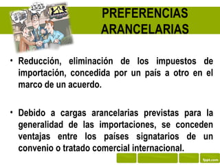 PREFERENCIAS
                     ARANCELARIAS

• Reducción, eliminación de los impuestos de
  importación, concedida por un país a otro en el
  marco de un acuerdo.

• Debido a cargas arancelarias previstas para la
  generalidad de las importaciones, se conceden
  ventajas entre los países signatarios de un
  convenio o tratado comercial internacional.
 