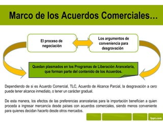 Marco de los Acuerdos Comerciales…

                                                            Los argumentos de
                       El proceso de
                                                            conveniencia para
                        negociación
                                                              desgravación 



                 Quedan plasmados en los Programas de Liberación Arancelaría,
                       que forman parte del contenido de los Acuerdos.


Dependiendo de si es Acuerdo Comercial, TLC, Acuerdo de Alcance Parcial, la desgravación a cero
puede tener alcance inmediato, o tener un carácter gradual.

De esta manera, los efectos de las preferencias arancelarias para la importación benefician a quien
proceda a ingresar mercancía desde países con acuerdos comerciales, siendo menos conveniente
para quienes decidan hacerlo desde otros mercados.
 