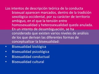 Los intentos de descripción teórica de la conducta bisexual aparecen marcados, dentro de la tradición sexológica occidental, por su carácter de territorio ambiguo, en el que la tensión entre homosexualidad y heterosexualidad queda anulada. En un intento de desambiguación, se ha considerado que existen varios niveles de análisis de los que derivan las diferentes formas de conceptualizar la bisexualidad:Bisexualidad biológica Bisexualidad psicológica Bisexualidad conductual Bisexualidad cultural 