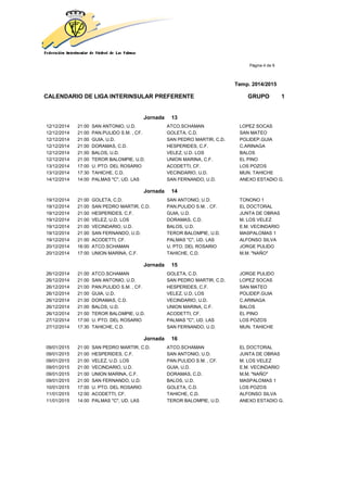 Página 4 de 9
Temp. 2014/2015
CALENDARIO DE LIGA INTERINSULAR PREFERENTE GRUPO 1
Jornada 13
12/12/2014 21:00 SAN ANTONIO, U.D. ATCO.SCHAMAN LOPEZ SOCAS
12/12/2014 21:00 PAN.PULIDO S.M. , CF. GOLETA, C.D. SAN MATEO
12/12/2014 21:00 GUIA, U.D. SAN PEDRO MARTIR, C.D. POLIDEP.GUIA
12/12/2014 21:00 DORAMAS, C.D. HESPERIDES, C.F. C.ARINAGA
12/12/2014 21:00 BALOS, U.D. VELEZ, U.D. LOS BALOS
12/12/2014 21:00 TEROR BALOMPIE, U.D. UNION MARINA, C.F. EL PINO
13/12/2014 17:00 U. PTO. DEL ROSARIO ACODETTI, CF. LOS POZOS
13/12/2014 17:30 TAHICHE, C.D. VECINDARIO, U.D. MUN. TAHICHE
14/12/2014 14:00 PALMAS "C", UD. LAS SAN FERNANDO, U.D. ANEXO ESTADIO G.
Jornada 14
19/12/2014 21:00 GOLETA, C.D. SAN ANTONIO, U.D. TONONO 1
19/12/2014 21:00 SAN PEDRO MARTIR, C.D. PAN.PULIDO S.M. , CF. EL DOCTORAL
19/12/2014 21:00 HESPERIDES, C.F. GUIA, U.D. JUNTA DE OBRAS
19/12/2014 21:00 VELEZ, U.D. LOS DORAMAS, C.D. M. LOS VELEZ
19/12/2014 21:00 VECINDARIO, U.D. BALOS, U.D. E.M. VECINDARIO
19/12/2014 21:00 SAN FERNANDO, U.D. TEROR BALOMPIE, U.D. MASPALOMAS 1
19/12/2014 21:00 ACODETTI, CF. PALMAS "C", UD. LAS ALFONSO SILVA
20/12/2014 16:00 ATCO.SCHAMAN U. PTO. DEL ROSARIO JORGE PULIDO
20/12/2014 17:00 UNION MARINA, C.F. TAHICHE, C.D. M.M. "NAÑO"
Jornada 15
26/12/2014 21:00 ATCO.SCHAMAN GOLETA, C.D. JORGE PULIDO
26/12/2014 21:00 SAN ANTONIO, U.D. SAN PEDRO MARTIR, C.D. LOPEZ SOCAS
26/12/2014 21:00 PAN.PULIDO S.M. , CF. HESPERIDES, C.F. SAN MATEO
26/12/2014 21:00 GUIA, U.D. VELEZ, U.D. LOS POLIDEP.GUIA
26/12/2014 21:00 DORAMAS, C.D. VECINDARIO, U.D. C.ARINAGA
26/12/2014 21:00 BALOS, U.D. UNION MARINA, C.F. BALOS
26/12/2014 21:00 TEROR BALOMPIE, U.D. ACODETTI, CF. EL PINO
27/12/2014 17:00 U. PTO. DEL ROSARIO PALMAS "C", UD. LAS LOS POZOS
27/12/2014 17:30 TAHICHE, C.D. SAN FERNANDO, U.D. MUN. TAHICHE
Jornada 16
09/01/2015 21:00 SAN PEDRO MARTIR, C.D. ATCO.SCHAMAN EL DOCTORAL
09/01/2015 21:00 HESPERIDES, C.F. SAN ANTONIO, U.D. JUNTA DE OBRAS
09/01/2015 21:00 VELEZ, U.D. LOS PAN.PULIDO S.M. , CF. M. LOS VELEZ
09/01/2015 21:00 VECINDARIO, U.D. GUIA, U.D. E.M. VECINDARIO
09/01/2015 21:00 UNION MARINA, C.F. DORAMAS, C.D. M.M. "NAÑO"
09/01/2015 21:00 SAN FERNANDO, U.D. BALOS, U.D. MASPALOMAS 1
10/01/2015 17:00 U. PTO. DEL ROSARIO GOLETA, C.D. LOS POZOS
11/01/2015 12:00 ACODETTI, CF. TAHICHE, C.D. ALFONSO SILVA
11/01/2015 14:00 PALMAS "C", UD. LAS TEROR BALOMPIE, U.D. ANEXO ESTADIO G.
 
