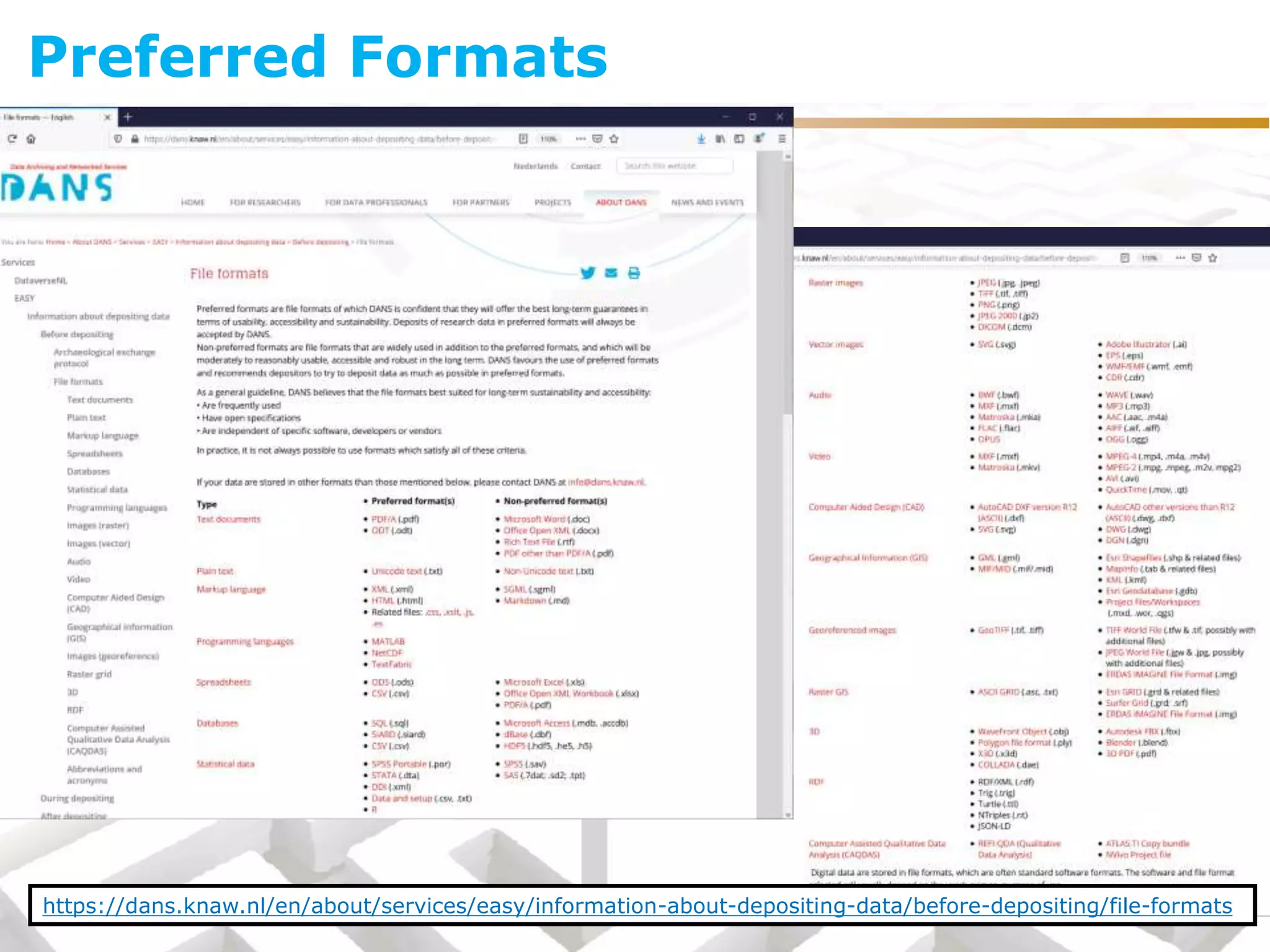 Preferred Formats
https://dans.knaw.nl/en/about/services/easy/information-about-depositing-data/before-depositing/file-formats
 