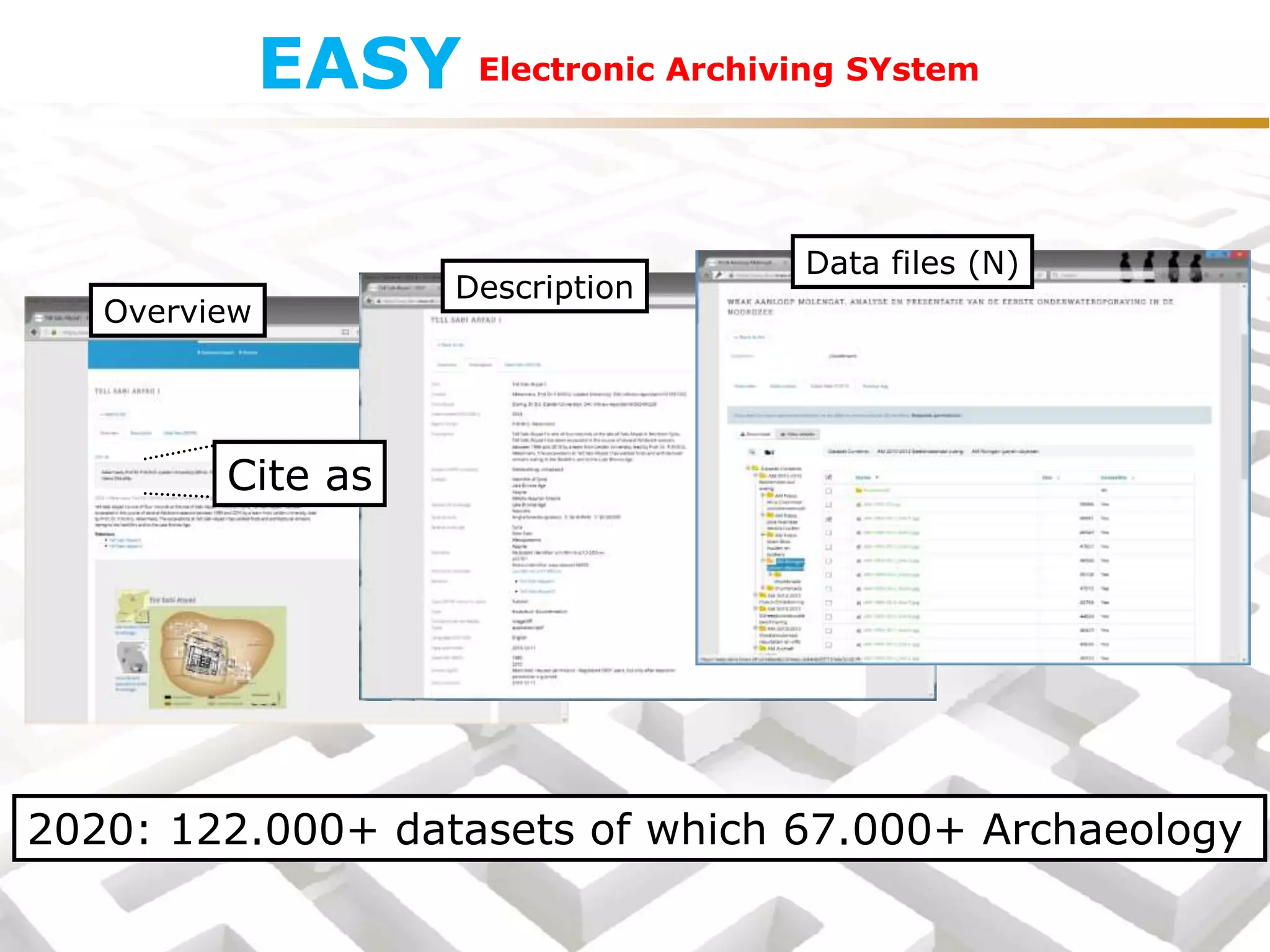 Overview
Cite as
Description
Data files (N)
Electronic Archiving SYstemEASY
2020: 122.000+ datasets of which 67.000+ Archaeology
 