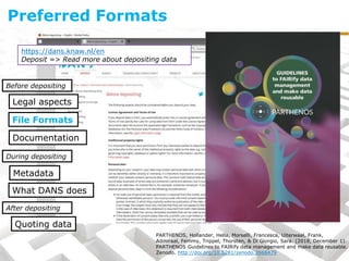 Before depositing
Metadata
What DANS does
Legal aspects
Quoting data
https://dans.knaw.nl/en
Deposit => Read more about depositing data
File Formats
Documentation
During depositing
After depositing
PARTHENOS, Hollander, Hella, Morselli, Francesca, Uiterwaal, Frank,
Admiraal, Femmy, Trippel, Thorsten, & Di Giorgio, Sara. (2018, December 1).
PARTHENOS Guidelines to FAIRify data management and make data reusable.
Zenodo. http://doi.org/10.5281/zenodo.2668479
Preferred Formats
 