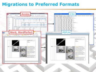 CSV
PDF/AWord, WordPerfect
Access
Migrations to Preferred Formats
 