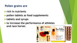  rich in nutrients
 pollen tablets as food supplements
 tablets and syrups
 to increase the performance of athletes
and race horses
Pollen grains are
 