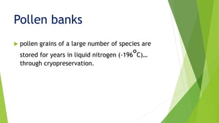  pollen grains of a large number of species are
stored for years in liquid nitrogen (-196ºC)…
through cryopreservation.
Pollen banks
 