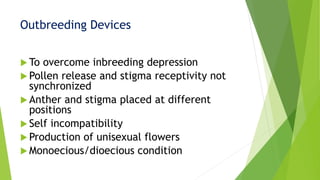  To overcome inbreeding depression
 Pollen release and stigma receptivity not
synchronized
 Anther and stigma placed at different
positions
 Self incompatibility
 Production of unisexual flowers
 Monoecious/dioecious condition
Outbreeding Devices
 