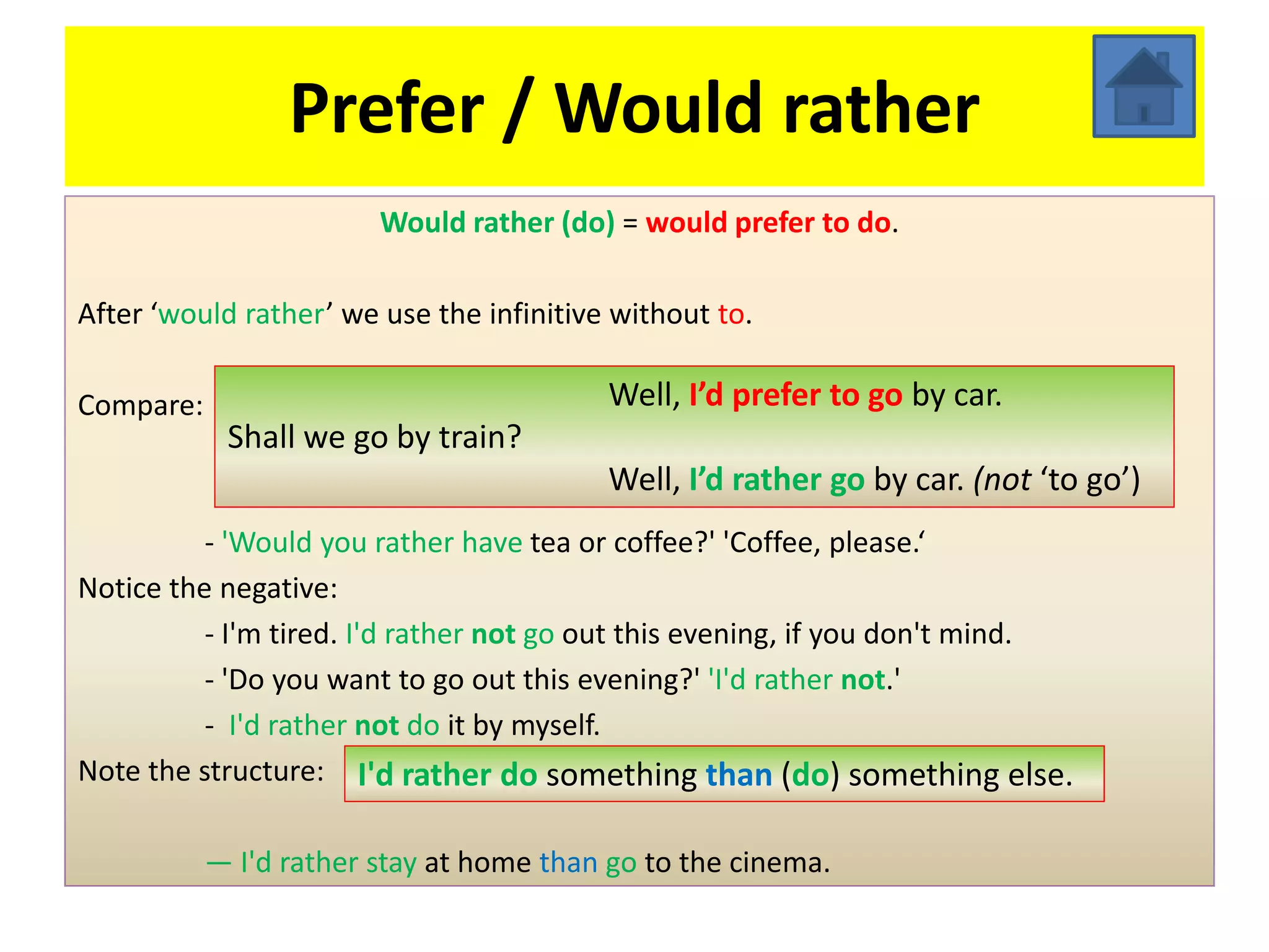 Prefer / Would rather
                        Would rather (do) = would prefer to do.

After ‘would rather’ we use the infinitive without to.

Compare:                                  Well, I’d prefer to go by car.
            Shall we go by train?
                                          Well, I’d rather go by car. (not ‘to go’)
          - 'Would you rather have tea or coffee?' 'Coffee, please.‘
Notice the negative:
          - I'm tired. I'd rather not go out this evening, if you don't mind.
          - 'Do you want to go out this evening?' 'I'd rather not.'
          - I'd rather not do it by myself.
Note the structure: I'd rather do something than (do) something else.

           — I'd rather stay at home than go to the cinema.
 