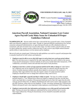 APA & NCLC suggested guidelines for  paycard programs 