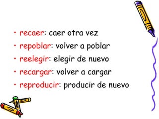• recaer: caer otra vez
• repoblar: volver a poblar
• reelegir: elegir de nuevo
• recargar: volver a cargar
• reproducir: producir de nuevo
 