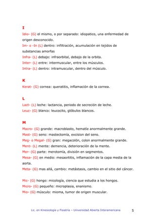 I
Idio- (G) el mismo, o por separado: idiopatico, una enfermedad de
origen desconocido.
Im- o -In (L) dentro: infiltración, acumulación en tejidos de
substancias amorfas
Infra- (L) debajo: infraorbital, debajo de la orbita.
Inter- (L) entre: intermuscular, entre los músculos.
Intra- (L) dentro: intramuscular, dentro del músculo.


K
Kerat- (G) cornea: queratitis, inflamación de la cornea.


L
Lact- (L) leche: lactancia, periodo de secreción de leche.
Leuc- (G) blanco: leucocito, glóbulos blancos.


M
Macro- (G) grande: macroblasto, hematíe anormalmente grande.
Mast- (G) seno: mastectomía, excision del seno.
Meg- o Megal- (G) gran: megacolón, colon anormalmente grande.
Ment- (L) mente: demencia, deterioración de la mente.
Mer- (G) parte: merotomía, división en segmentos.
Mesa- (G) en medio: mesaortitis, inflamación de la capa media de la
aorta.
Meta- (G) mas allá, cambio: metástasis, cambio en el sitio del cáncer.


Mic- (G) hongo: micología, ciencia que estudia a los hongos.
Micro- (G) pequeño: microplasia, enanismo.
Mio- (G) músculo: mioma, tumor de origen muscular.




     Lic. en Kinesiología y Fisiatría – Universidad Abierta Interamericana   5
 