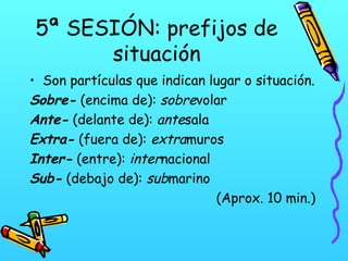 5ª SESIÓN: prefijos de
situación
• Son partículas que indican lugar o situación.
Sobre- (encima de): sobrevolar
Ante- (delante de): antesala
Extra- (fuera de): extramuros
Inter- (entre): internacional
Sub- (debajo de): submarino
(Aprox. 10 min.)

 