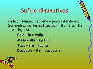 Sufijo diminutivos
Indican tamaño pequeño o poca intensidad.
Generalmente, los sufijos son: -ito, -ita, -illo,
-illa, -ín, -ina.
Bala + ín = balín
Mesa + illa = mesilla
Taza + ita = tacita
Despacio + ito = despacito
 