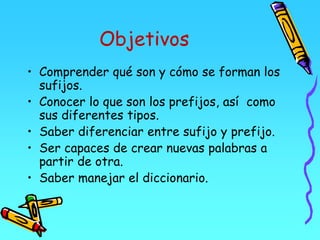 Objetivos
• Comprender qué son y cómo se forman los
sufijos.
• Conocer lo que son los prefijos, así como
sus diferentes tipos.
• Saber diferenciar entre sufijo y prefijo.
• Ser capaces de crear nuevas palabras a
partir de otra.
• Saber manejar el diccionario.
 