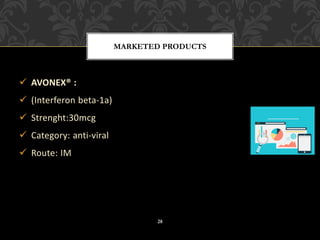 ✓ AVONEX® :
✓ (Interferon beta-1a)
✓ Strenght:30mcg
✓ Category: anti-viral
✓ Route: IM
MARKETED PRODUCTS
28
 