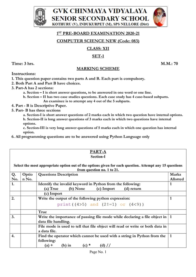 KV Delhi Region 1st PreBoard Exam 202021 Computer Science Marking