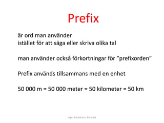 Prefix
är ord man använder
istället för att säga eller skriva olika tal

man använder också förkortningar för ”prefixorden”

Prefix används tillsammans med en enhet

50 000 m = 50 000 meter = 50 kilometer = 50 km



                      Inger Bäckström, Burträsk
 