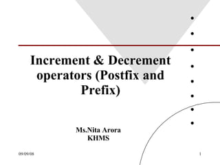 Increment & Decrement operators (Postfix and Prefix) Ms.Nita Arora KHMS 
