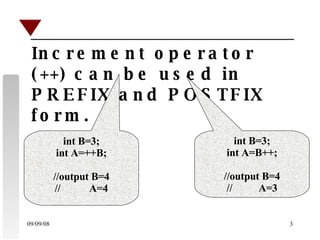 Increment operator (++) can be used in PREFIX and POSTFIX form. int B=3; int A=++B; //output B=4 //  A=4 int B=3; int A=B++; //output B=4 //  A=3 