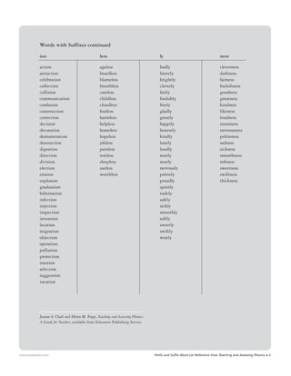 www.epsbooks.com Prefix and Suffix Word List Reference from Teaching and Assessing Phonics x 3
ion
action
attraction
celebration
collection
collision
communication
confusion
construction
correction
decision
decoration
demonstration
destruction
digestion
direction
division
election
erosion
explosion
graduation
hibernation
infection
injection
inspection
invention
location
migration
objection
operation
pollution
protection
rotation
selection
suggestion
vacation
less
ageless
beardless
blameless
breathless
careless
childless
cloudless
fearless
harmless
helpless
homeless
hopeless
jobless
painless
restless
sleepless
useless
worthless
ly
badly
bravely
brightly
cleverly
fairly
foolishly
freely
gladly
greatly
happily
honestly
kindly
lonely
loudly
nearly
neatly
nervously
politely
proudly
quietly
rudely
safely
sickly
smoothly
softly
sweetly
swiftly
wisely
ness
cleverness
darkness
fairness
foolishness
goodness
greatness
kindness
likeness
loudness
meanness
nervousness
politeness
sadness
sickness
smoothness
softness
sweetness
swiftness
thickness
Words with Suffixes continued
Jeanne S. Chall and Helen M. Popp, Teaching and Assessing Phonics:
A Guide for Teachers, available from Educators Publishing Service.
 