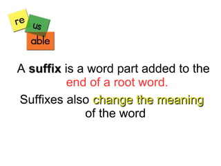 A suffix is a word part added to the
end of a root word.
Suffixes also change the meaning
of the word

 