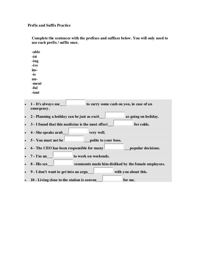 Prefix and suffix practice
