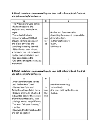 3. Match parts from column A with parts from both columns B and C so that
you get meaningful sentences.

             A                     B                      C
-The Phoenicians were earth’s
first-known sailors and
explorers who were always
eager                                  -Arabic and Persian models.
-The arrival of Islamic                -inventing the numeral zero and the
conquerors about 1000 AD          from decimal system.
brought to India iconoclasm        for -is their architecture.
and a love of varied and            to -Islam.
complex patterning derived             -adventure.
- This affected even Hindus
artists who had not converted
-Indian mathematicians may
have been responsible
-One of the things the Romans
are famous


4. Match parts from column A with parts from both columns B and C so that
you get meaningful sentences.
             A                     B                      C
-Arabic scholars were able to
read the books of Greek                 -creative accounting
philosophers Plato and              to   -other fields.
Aristotle and translated them     from -the ones built by the Greeks.
-Because architects who lived      like -Arabic.
in Baghdad adopted Sassanian       into
architectural traditions, their
buildings looked very different
-The term “window dressing”
is similar
-However, this term is broader
and can be applied
 