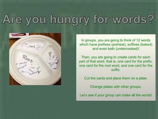 In groups, you are going to think of 12 words
which have prefixes (preheat), suffixes (baked)
and even both (undercooked)!
Then, you are going to create cards for each
part of that word, that is, one card for the prefix;
one card for the root word, and one card for the
suffix.
Cut the cards and place them on a plate.
Change plates with other groups.
Let’s see if your group can make all the words!
In groups, you are going to think of 12 words
which have prefixes (preheat), suffixes (baked)
and even both (undercooked)!
Then, you are going to create cards for each
part of that word, that is, one card for the prefix;
one card for the root word, and one card for the
suffix.
Cut the cards and place them on a plate.
Change plates with other groups.
Let’s see if your group can make all the words!
 