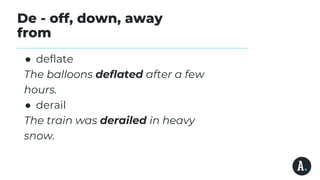 De - off, down, away
from
● deflate
The balloons deflated after a few
hours.
● derail
The train was derailed in heavy
snow.
 