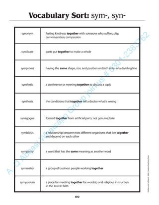 102
Vocabulary Sort: sym-, syn-
synonym feeling kindness together with someone who suffers;pity;
commiseration;compassion
syndicate parts put together to make a whole
symptoms having the same shape,size,and position on both sides of a dividing line
synthetic a conference or meeting together to discuss a topic
synthesis the conditions that together tell a doctor what is wrong
synagogue formed together from artificial parts;not genuine;fake
symbiosis a relationship between two different organisms that live together
and depend on each other
sympathy a word that has the same meaning as another word
symmetry a group of business people working together
symposium a place for meeting together for worship and religious instruction
in the Jewish faith
PrefixesandSuffixes©2004CreativeTeachingPress
A.Q
AbbasiW
hatsapp
G
roup
join
us
#
0301-2383762
 