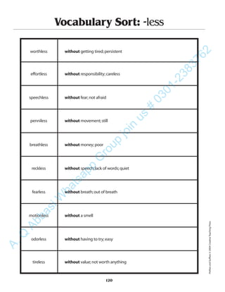 120
Vocabulary Sort: -less
worthless without getting tired;persistent
effortless without responsibility;careless
speechless without fear;not afraid
penniless without movement;still
breathless without money;poor
reckless without speech;lack of words;quiet
fearless without breath;out of breath
motionless without a smell
odorless without having to try;easy
tireless without value;not worth anything
PrefixesandSuffixes©2004CreativeTeachingPress
A.Q
AbbasiW
hatsapp
G
roup
join
us
#
0301-2383762
 
