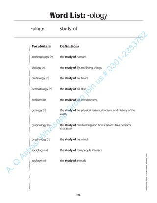 Vocabulary Definitions
anthropology (n) the study of humans
biology (n) the study of life and living things
cardiology (n) the study of the heart
dermatology (n) the study of the skin
ecology (n) the study of the environment
geology (n) the study of the physical nature,structure,and history of the
earth
graphology (n) the study of handwriting and how it relates to a person’s
character
psychology (n) the study of the mind
sociology (n) the study of how people interact
zoology (n) the study of animals
Word List: -ology
-ology study of
124
PrefixesandSuffixes©2004CreativeTeachingPress
A.Q
AbbasiW
hatsapp
G
roup
join
us
#
0301-2383762
 