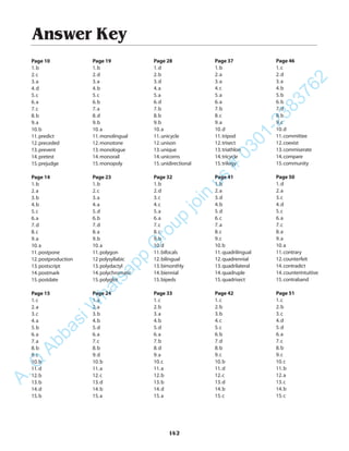 Answer Key
Page 10
1.b
2.c
3.a
4.d
5.c
6.a
7.c
8.b
9.a
10.b
11.predict
12.preceded
13.prevent
14.pretest
15.prejudge
Page 14
1.b
2.a
3.b
4.b
5.c
6.a
7.d
8.c
9.a
10.a
11.postpone
12.postproduction
13.postscript
14.postmark
15.postdate
Page 15
1.c
2.a
3.c
4.a
5.b
6.a
7.a
8.b
9.c
10.b
11.d
12.b
13.b
14.d
15.b
Page 19
1.b
2.d
3.a
4.b
5.c
6.b
7.a
8.d
9.b
10.a
11.monolingual
12.monotone
13.monologue
14.monorail
15.monopoly
Page 23
1.b
2.c
3.a
4.a
5.d
6.b
7.d
8.a
9.b
10.a
11.polygon
12 polysyllabic
13.polydactyl
14.polychromatic
15.polyglot
Page 24
1.a
2.a
3.b
4.b
5.d
6.a
7.c
8.b
9.d
10.b
11.a
12.c
13.d
14.b
15.a
Page 28
1.d
2.b
3.d
4.a
5.a
6.d
7.b
8.b
9.b
10.a
11.unicycle
12.unison
13.unique
14.unicorns
15.unidirectional
Page 32
1.b
2.d
3.c
4.c
5.a
6.a
7.c
8.c
9.b
10.d
11.bifocals
12.bilingual
13.bimonthly
14.biennial
15.bipeds
Page 33
1.c
2.b
3.a
4.b
5.d
6.a
7.b
8.d
9.a
10.c
11.a
12.b
13.b
14.d
15.a
Page 37
1.b
2.a
3.a
4.c
5.a
6.a
7.b
8.c
9.a
10.d
11.tripod
12.trisect
13.triathlon
14.tricycle
15.trilogy
Page 41
1.b
2.a
3.d
4.b
5.d
6.c
7.a
8.c
9.c
10.b
11.quadrilingual
12.quadrennial
13.quadrilateral
14.quadruple
15.quadrisect
Page 42
1.c
2.b
3.b
4.c
5.c
6.b
7.d
8.b
9.c
10.b
11.d
12.c
13.d
14.b
15.c
Page 46
1.c
2.d
3.a
4.b
5.b
6.b
7.d
8.b
9.c
10.d
11.committee
12.coexist
13.commiserate
14.compare
15.community
Page 50
1.d
2.a
3.c
4.d
5.c
6.a
7.c
8.a
9.a
10.a
11.contrary
12.counterfeit
14.contradict
14.counterintuitive
15.contraband
Page 51
1.c
2.b
3.c
4.d
5.d
6.a
7.c
8.b
9.c
10.c
11.b
12.a
13.c
14.b
15.c
142
A.Q
AbbasiW
hatsapp
G
roup
join
us
#
0301-2383762
 