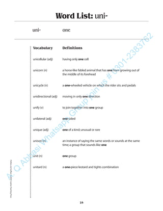 Vocabulary Definitions
unicellular (adj) having only one cell
unicorn (n) a horse-like fabled animal that has one horn growing out of
the middle of its forehead
unicycle (n) a one-wheeled vehicle on which the rider sits and pedals
unidirectional (adj) moving in only one direction
unify (v) to join together into one group
unilateral (adj) one sided
unique (adj) one of a kind;unusual or rare
unison (n) an instance of saying the same words or sounds at the same
time;a group that sounds like one
unit (n) one group
unitard (n) a one-piece leotard and tights combination
Word List: uni-
uni- one
25
PrefixesandSuffixes©2004CreativeTeachingPressA.Q
AbbasiW
hatsapp
G
roup
join
us
#
0301-2383762
 