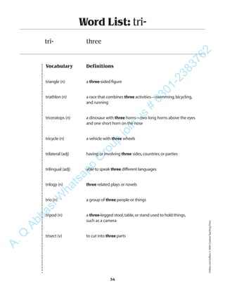 Vocabulary Definitions
triangle (n) a three-sided figure
triathlon (n) a race that combines three activities—swimming,bicycling,
and running
triceratops (n) a dinosaur with three horns—two long horns above the eyes
and one short horn on the nose
tricycle (n) a vehicle with three wheels
trilateral (adj) having or involving three sides,countries,or parties
trilingual (adj) able to speak three different languages
trilogy (n) three related plays or novels
trio (n) a group of three people or things
tripod (n) a three-legged stool,table,or stand used to hold things,
such as a camera
trisect (v) to cut into three parts
Word List: tri-
tri- three
34
PrefixesandSuffixes©2004CreativeTeachingPress
A.Q
AbbasiW
hatsapp
G
roup
join
us
#
0301-2383762
 